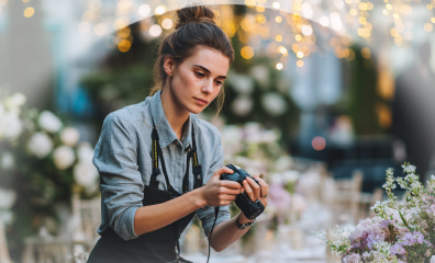 Small business owner arranging products in a creative setting